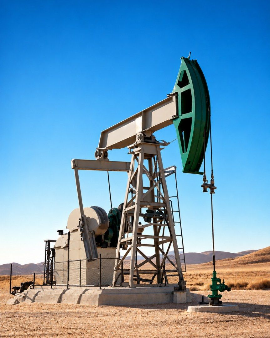 A pump jack on an oil field under a clear sky, low hills in the distance.