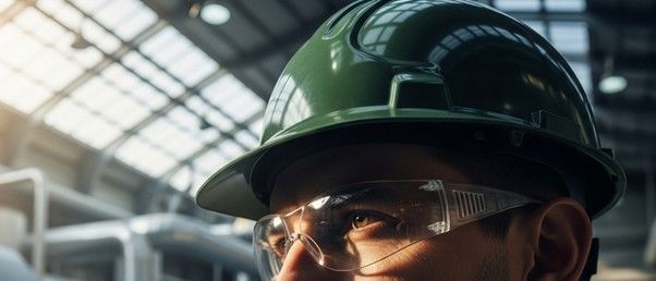 Un ingénieur portant un casque et des lunettes de sécurité dans une installation de traitement.